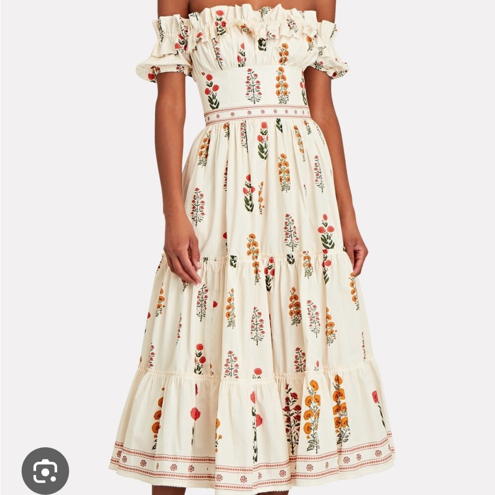 Agua Bendita Domedeer Banana Dahlia Floral Off the Shoulder Dress